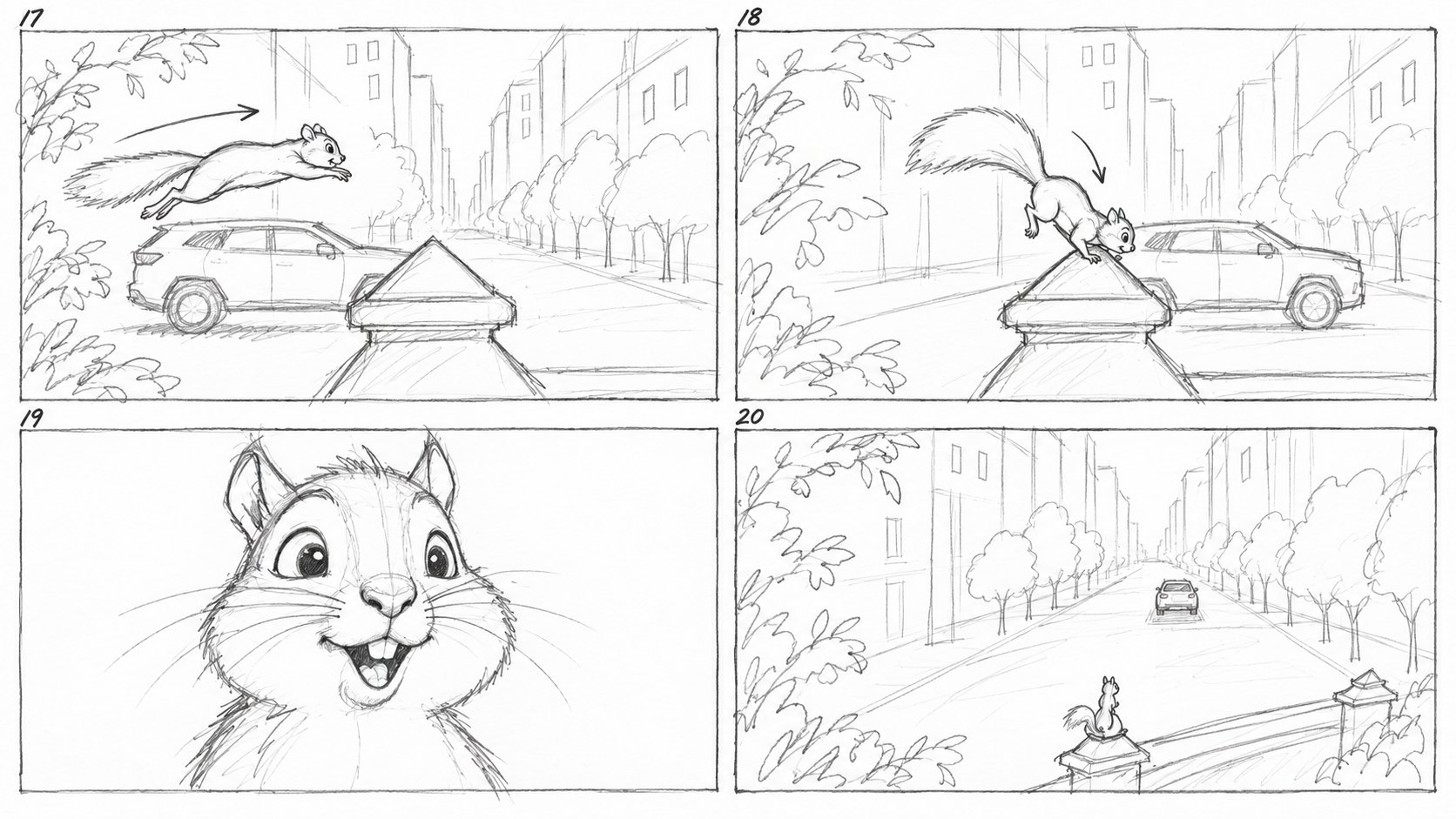 Storyboard panels 17–20: the leap over the pillar and the final smile